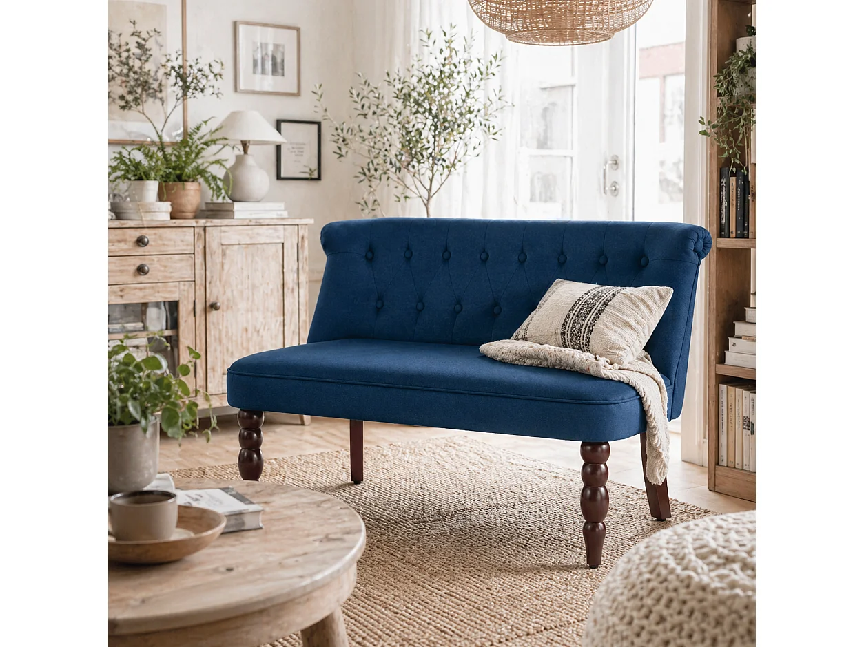 Layono Dark Blue Velvet Feel Diamond Button Tufted Wingback 2 Seater Sofa