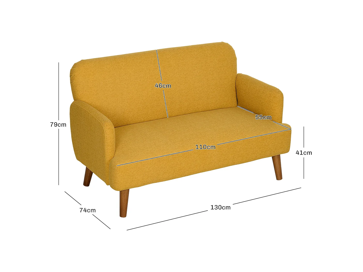 Rorore Yoro Velvet Yellow Compact 2 Seater Sofa Thick Padded Seat Wooden Legs