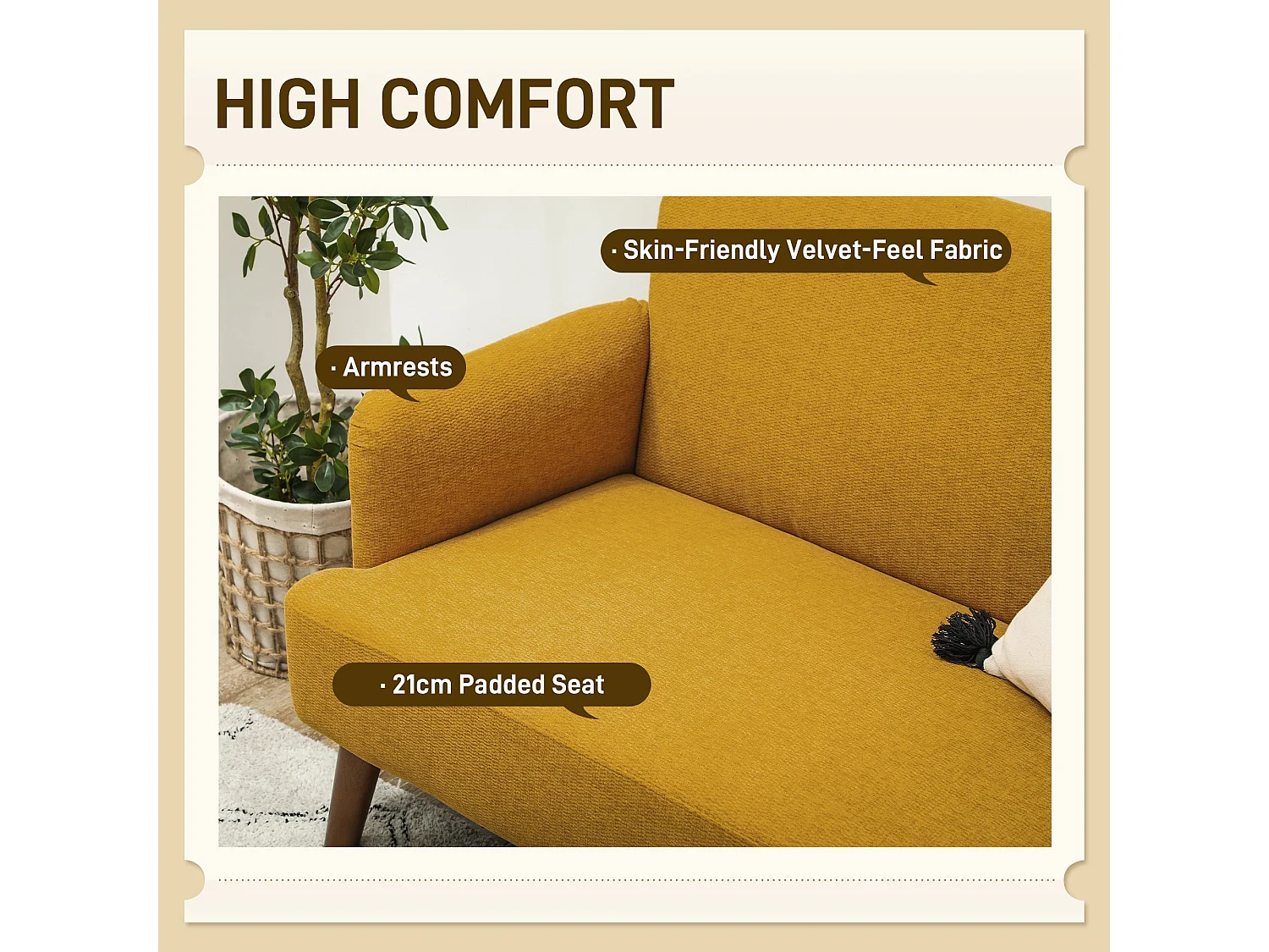 Rorore Yoro Velvet Yellow Compact 2 Seater Sofa Thick Padded Seat Wooden Legs