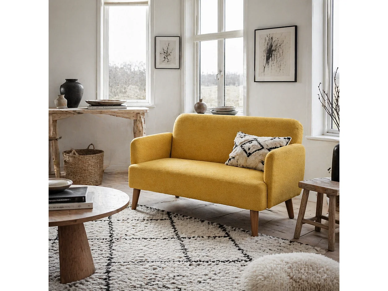 Rorore Yoro Velvet Yellow Compact 2 Seater Sofa Thick Padded Seat Wooden Legs
