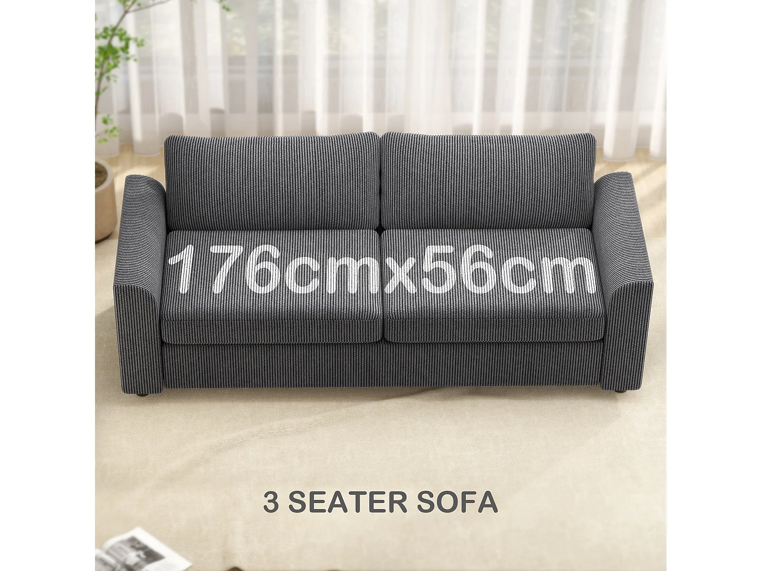 Mimi Corduroy Grey 3 Seater Sofa with Scatter Cushions