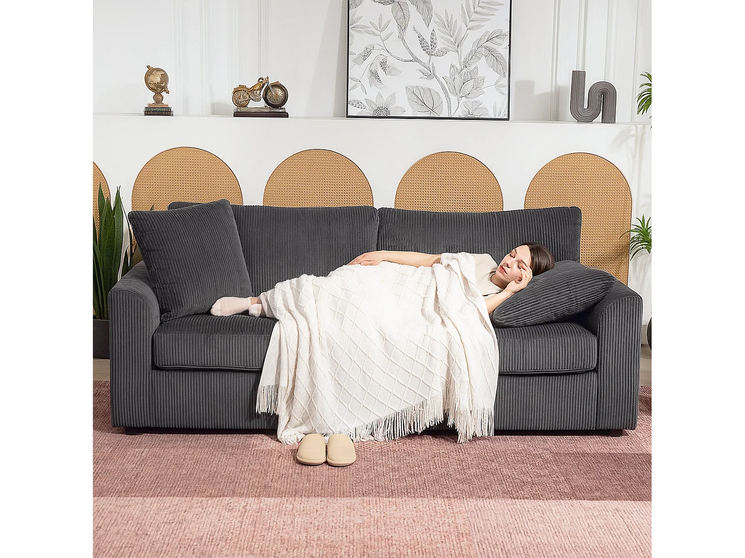 Mimi Corduroy Grey 3 Seater Sofa with Scatter Cushions