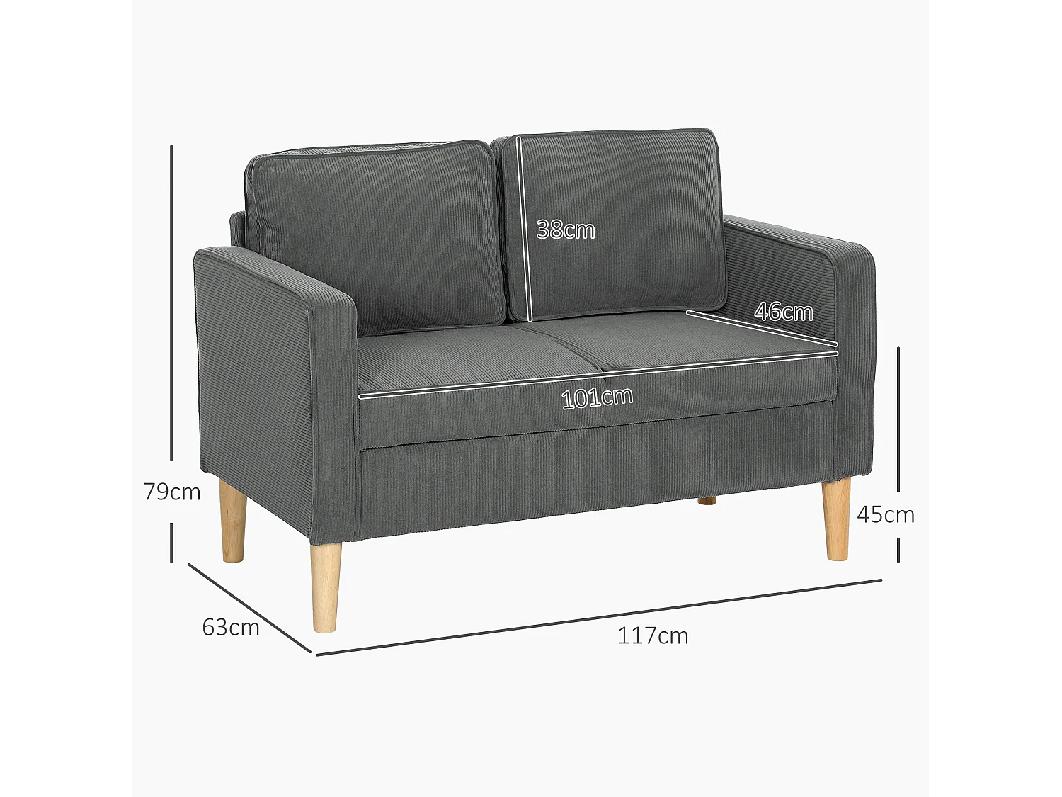 Sono Vare Grey Corduroy Compact 2 Seater Sofa with Under Seat Storage Natural Wooden Legs