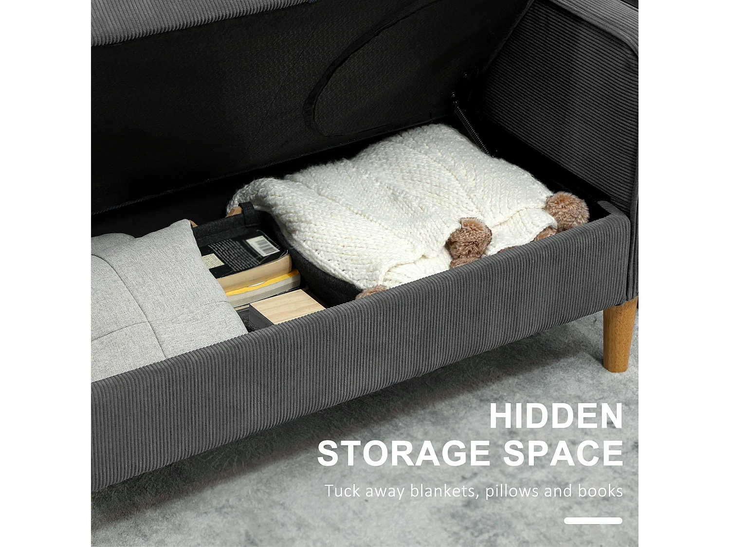 Sono Vare Grey Corduroy Compact 2 Seater Sofa with Under Seat Storage Natural Wooden Legs