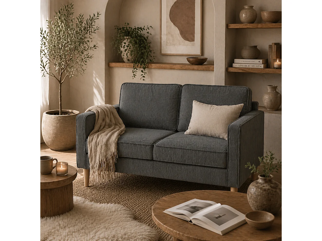 Sono Vare Grey Corduroy Compact 2 Seater Sofa with Under Seat Storage Natural Wooden Legs