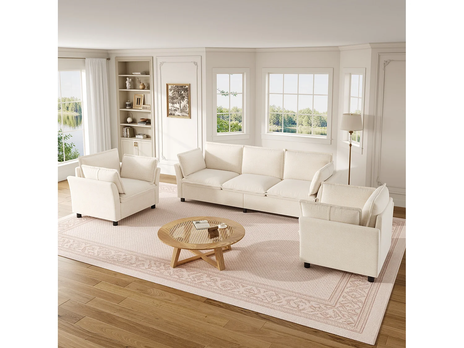 Ensemble Canapé 3+1+1 Modulaire "Effet Nuage" en Tissu Chenille, Canapé 3 Places et 2 Fauteuils Ergonomiques, Style Moderne - Beige