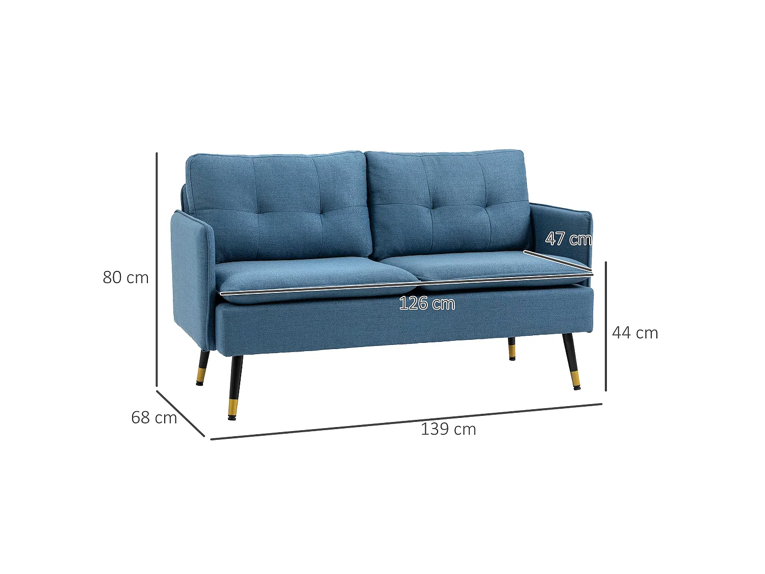 Mado 2 Seater Fabric Sofa Dark Blue Button Tufted Steel Legs