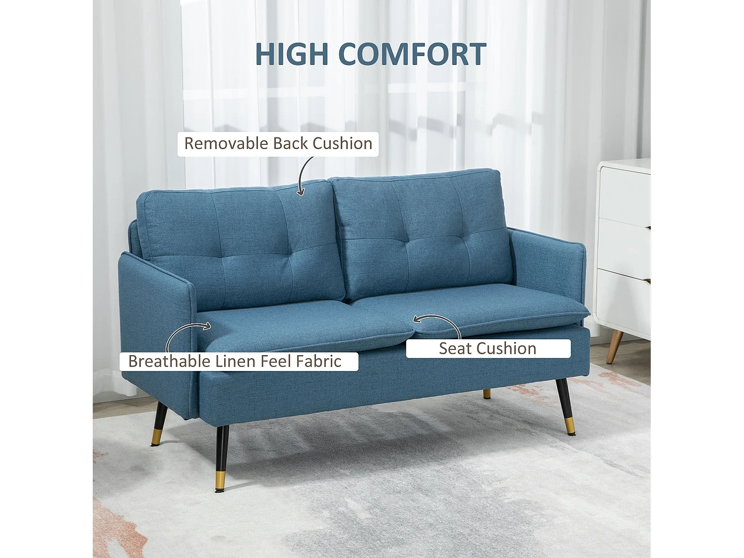 Mado 2 Seater Fabric Sofa Dark Blue Button Tufted Steel Legs