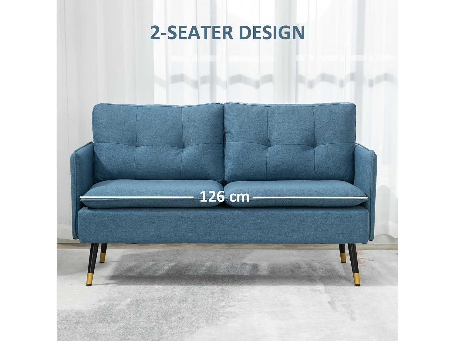 Mado 2 Seater Fabric Sofa Dark Blue Button Tufted Steel Legs
