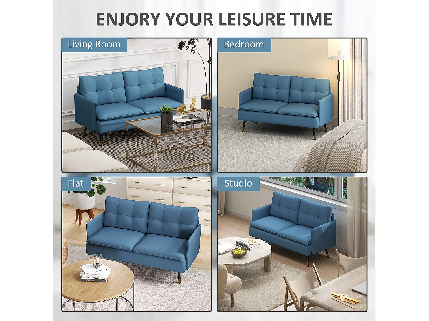 Mado 2 Seater Fabric Sofa Dark Blue Button Tufted Steel Legs