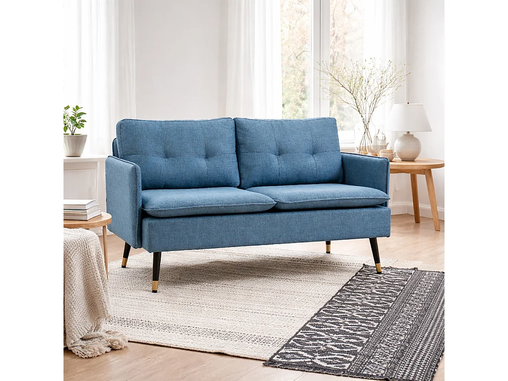 Mado 2 Seater Fabric Sofa Dark Blue Button Tufted Steel Legs