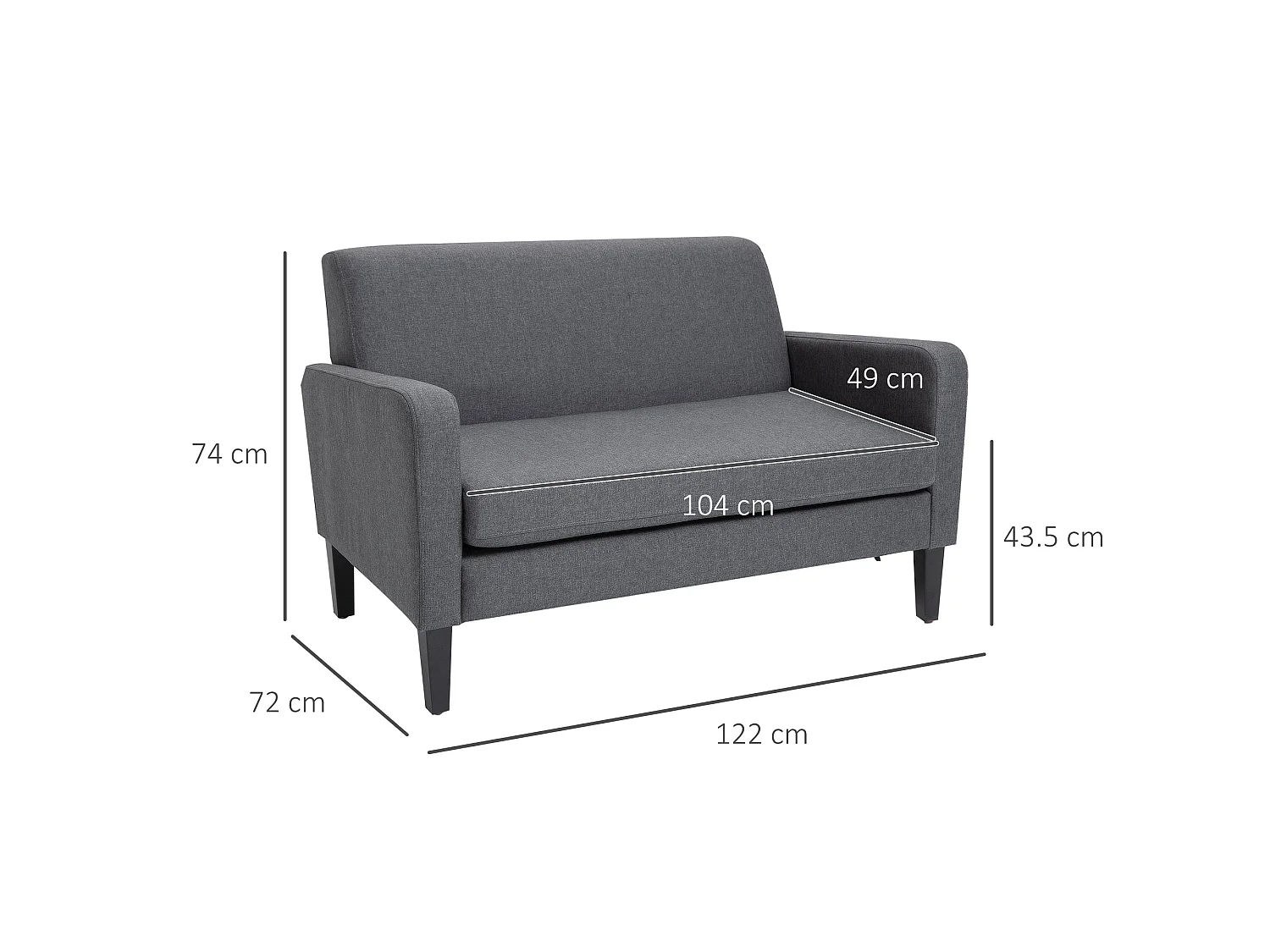 Kahaba Charcoal Grey 2 Seater Curved Linen Look Sofa Spring Filled Cushion Wooden Legs