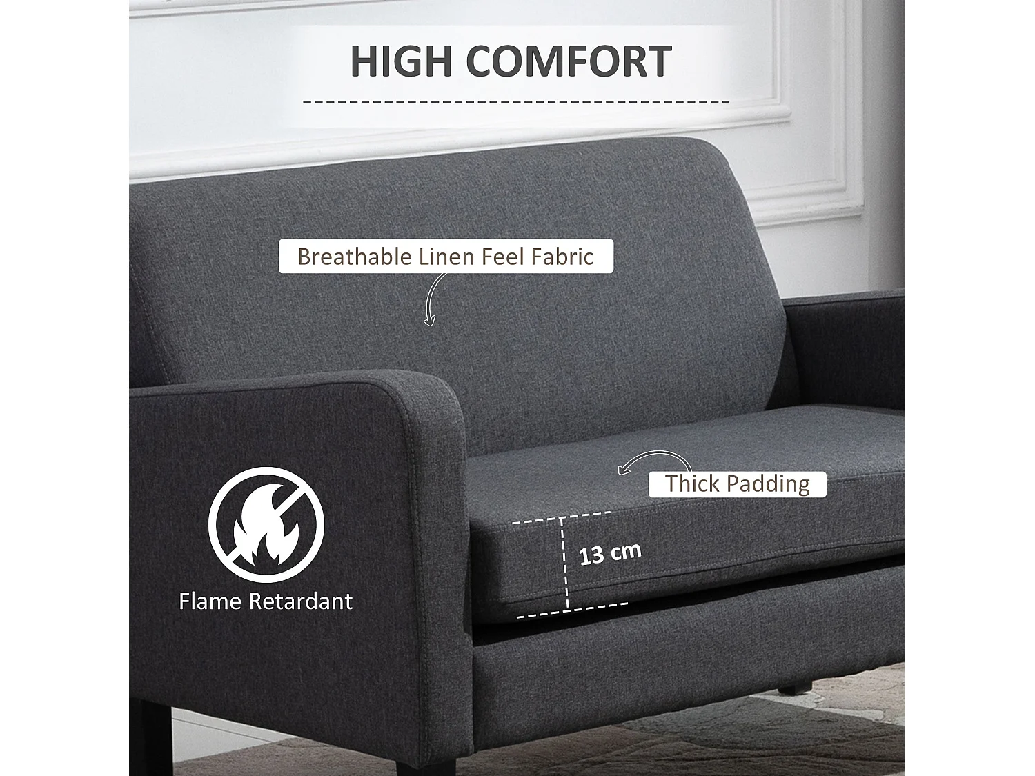 Kahaba Charcoal Grey 2 Seater Curved Linen Look Sofa Spring Filled Cushion Wooden Legs