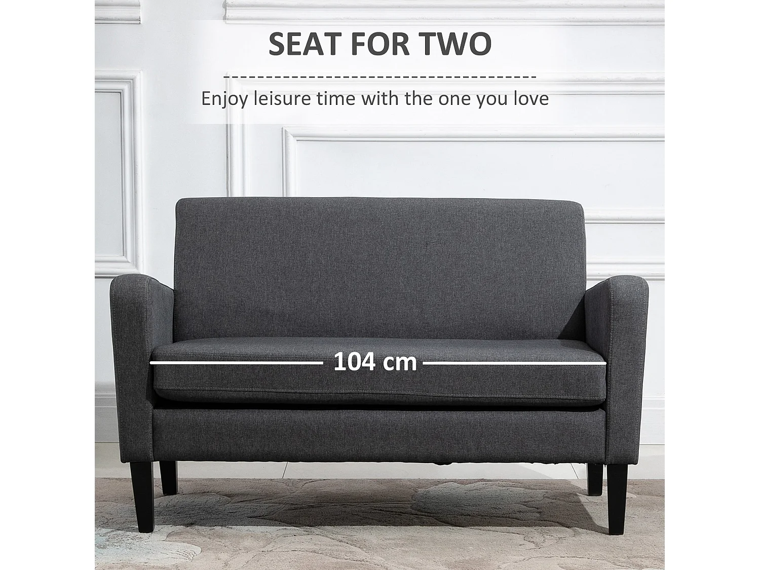 Kahaba Charcoal Grey 2 Seater Curved Linen Look Sofa Spring Filled Cushion Wooden Legs