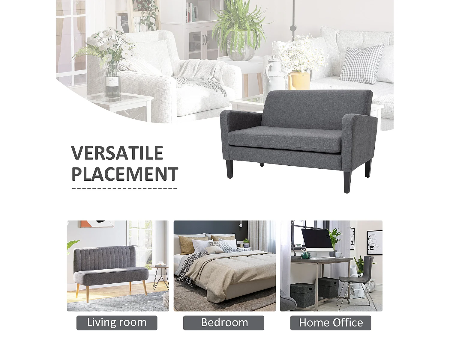 Kahaba Charcoal Grey 2 Seater Curved Linen Look Sofa Spring Filled Cushion Wooden Legs