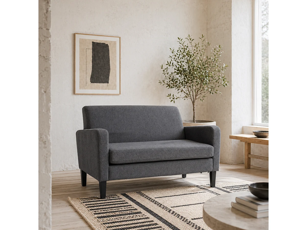 Kahaba Charcoal Grey 2 Seater Curved Linen Look Sofa Spring Filled Cushion Wooden Legs