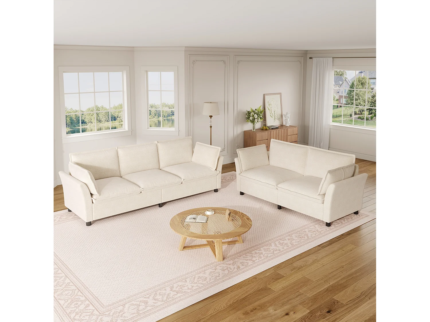 Ensemble Canapé 3+2 Modulaire "Effet Nuage" en Tissu Chenille, Canapé 3 Places et 2 Places Ergonomique, Style Moderne - Beige