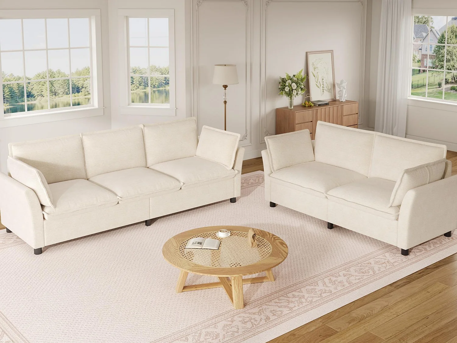 Ensemble Canapé 3+2 Modulaire "Effet Nuage" en Tissu Chenille, Canapé 3 Places et 2 Places Ergonomique, Style Moderne - Beige