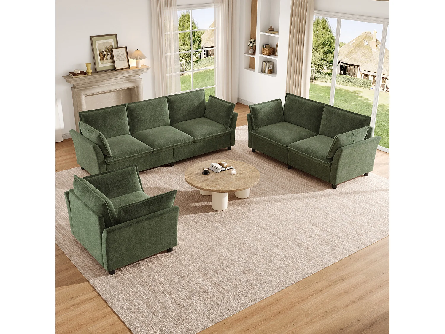 Ensemble Canapé 3+2+1 Modulaire "Effet Nuage" en Tissu Chenille, Canapé 3 Places, 2 Places et Fauteuil Ergonomique, Style Moderne - Vert
