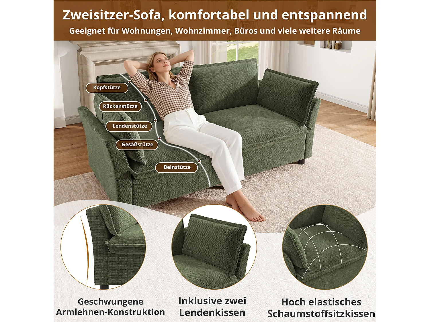 Ensemble Canapé 3+2+1 Modulaire "Effet Nuage" en Tissu Chenille, Canapé 3 Places, 2 Places et Fauteuil Ergonomique, Style Moderne - Vert