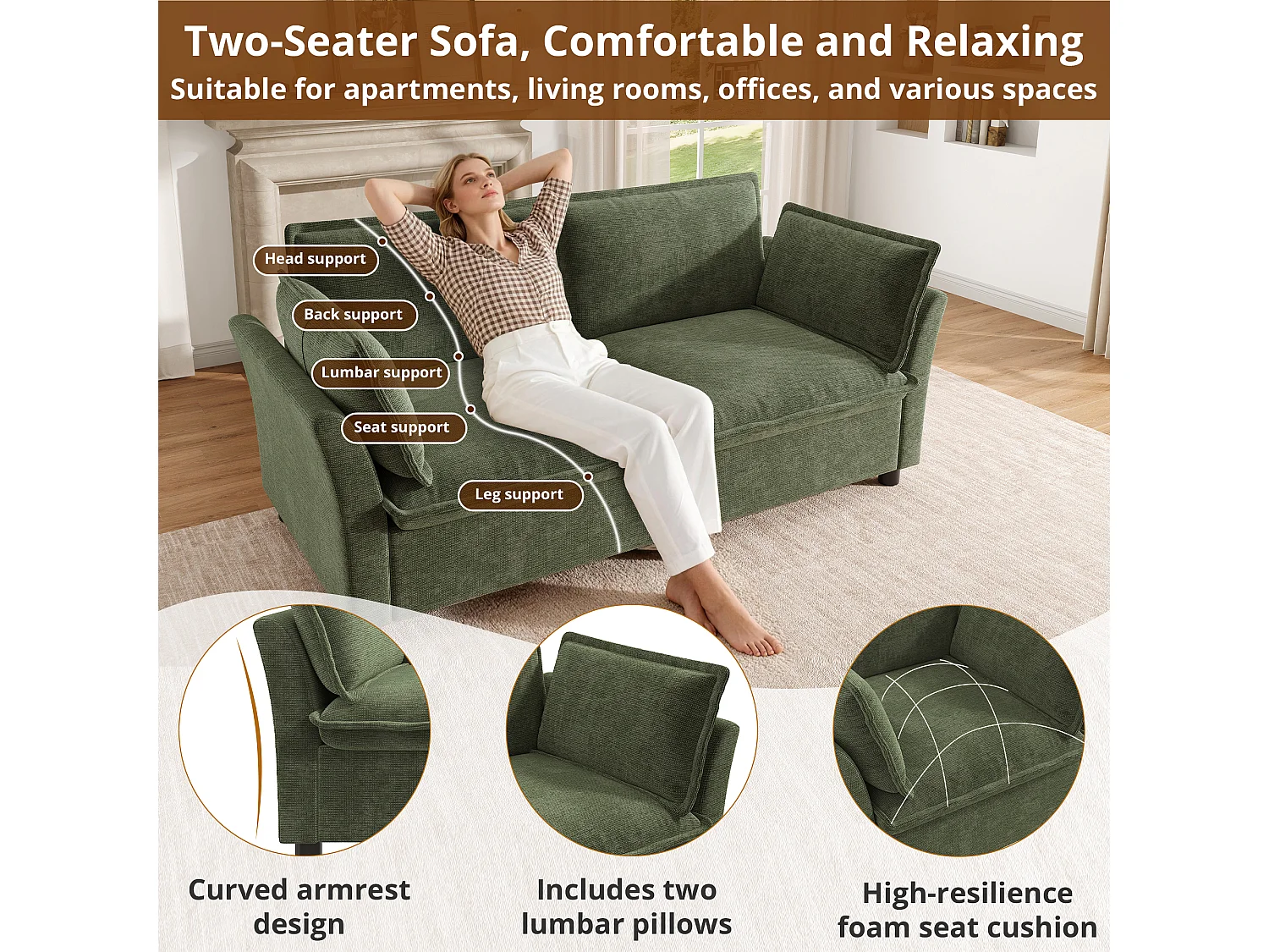Ensemble Canapé 3+2+1 Modulaire "Effet Nuage" en Tissu Chenille, Canapé 3 Places, 2 Places et Fauteuil Ergonomique, Style Moderne - Vert