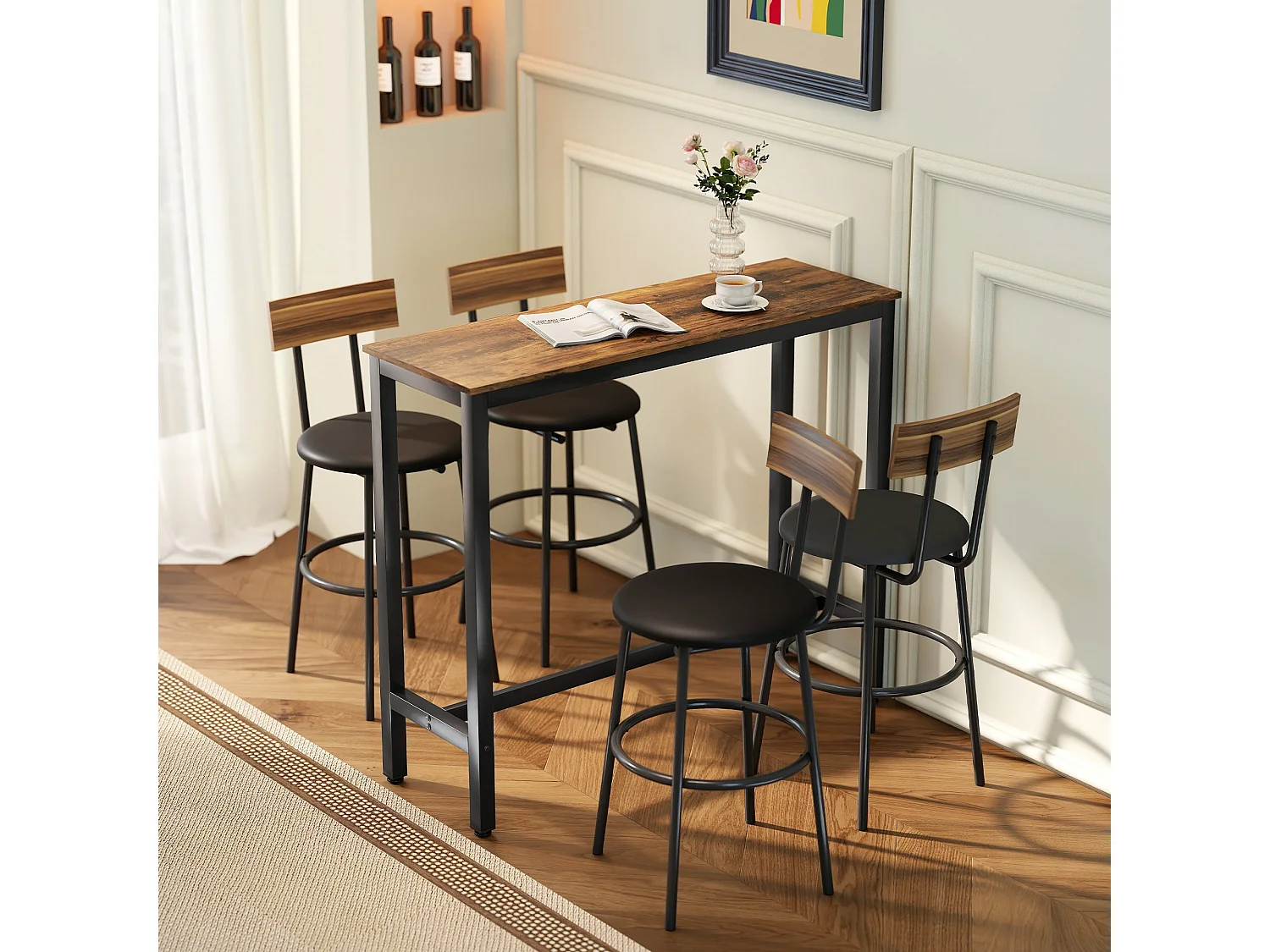 Bazila Rustic Brown Wood Effect Rectangular Bar Table Industrial Breakfast and Dining High Table