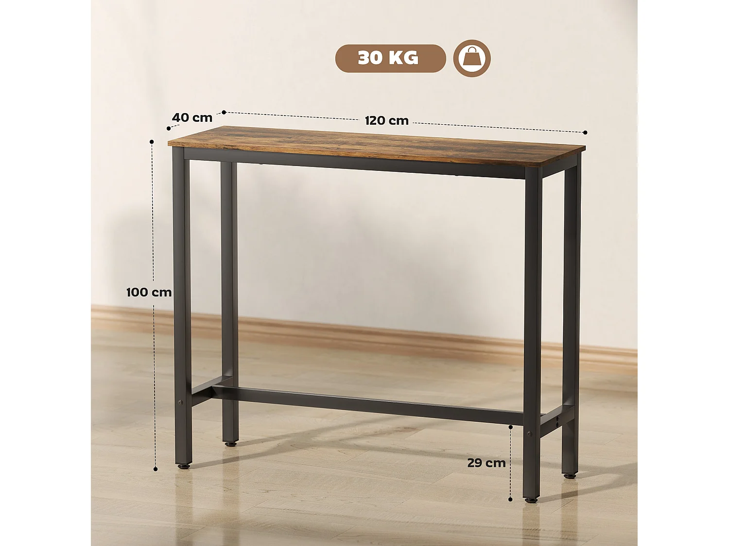 Bazila Rustic Brown Wood Effect Rectangular Bar Table Industrial Breakfast and Dining High Table