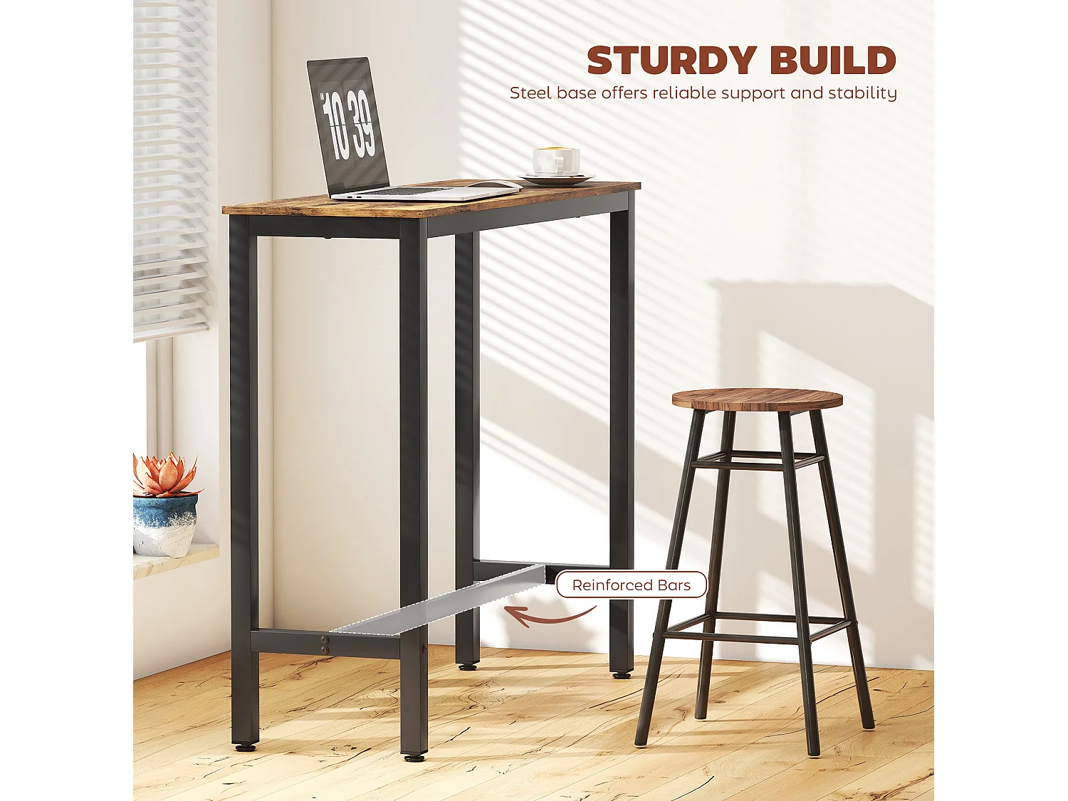 Bazila Rustic Brown Wood Effect Rectangular Bar Table Industrial Breakfast and Dining High Table