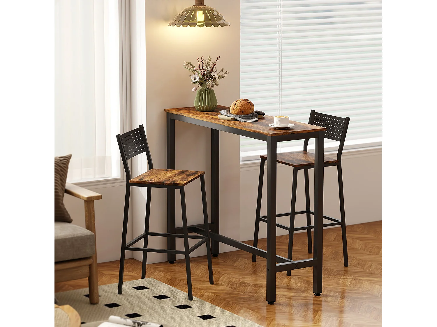 Bazila Rustic Brown Wood Effect Rectangular Bar Table Industrial Breakfast and Dining High Table