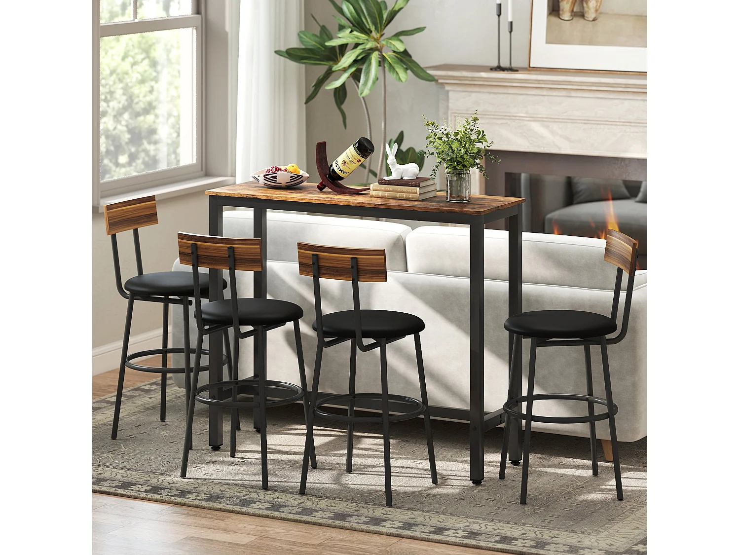 Bazila Rustic Brown Wood Effect Rectangular Bar Table Industrial Breakfast and Dining High Table