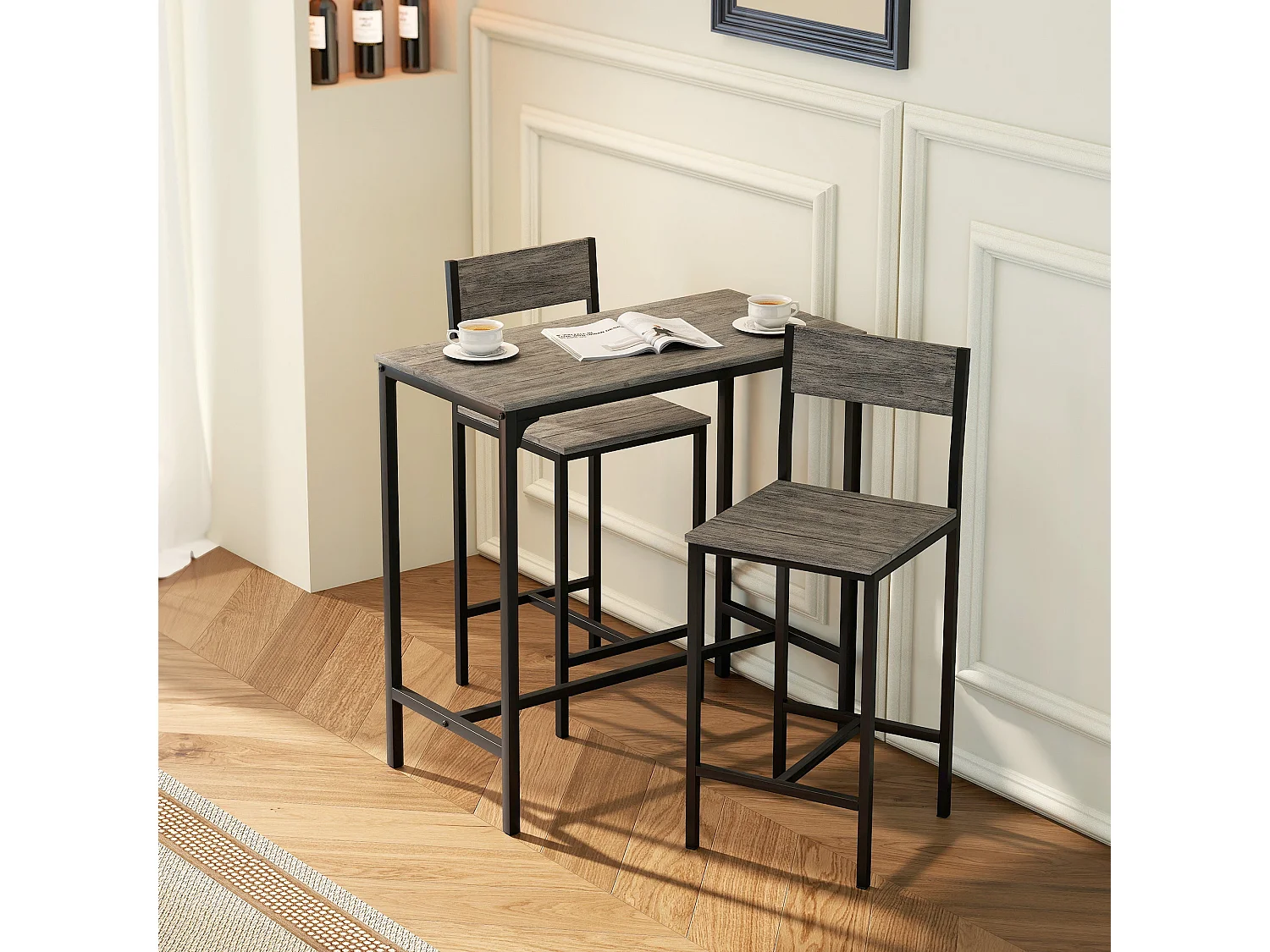 Novero 3 Piece Industrial Breakfast Bar Set Rectangular Table with 2 Stools and Footrests