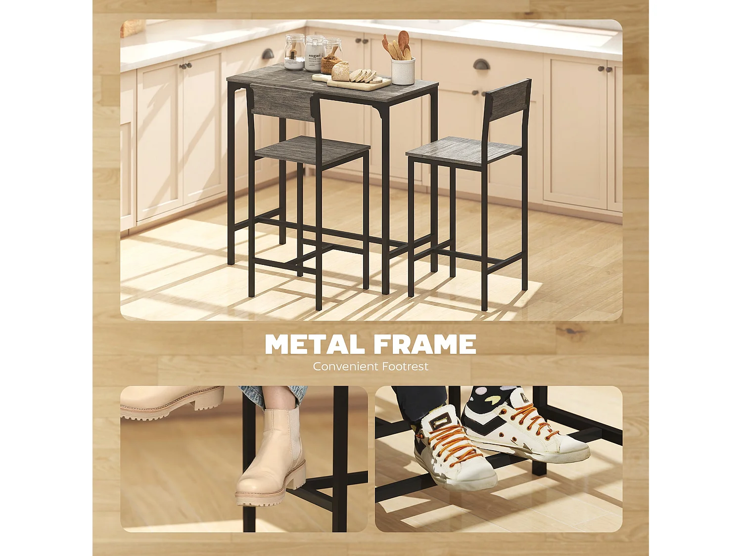 Novero 3 Piece Industrial Breakfast Bar Set Rectangular Table with 2 Stools and Footrests