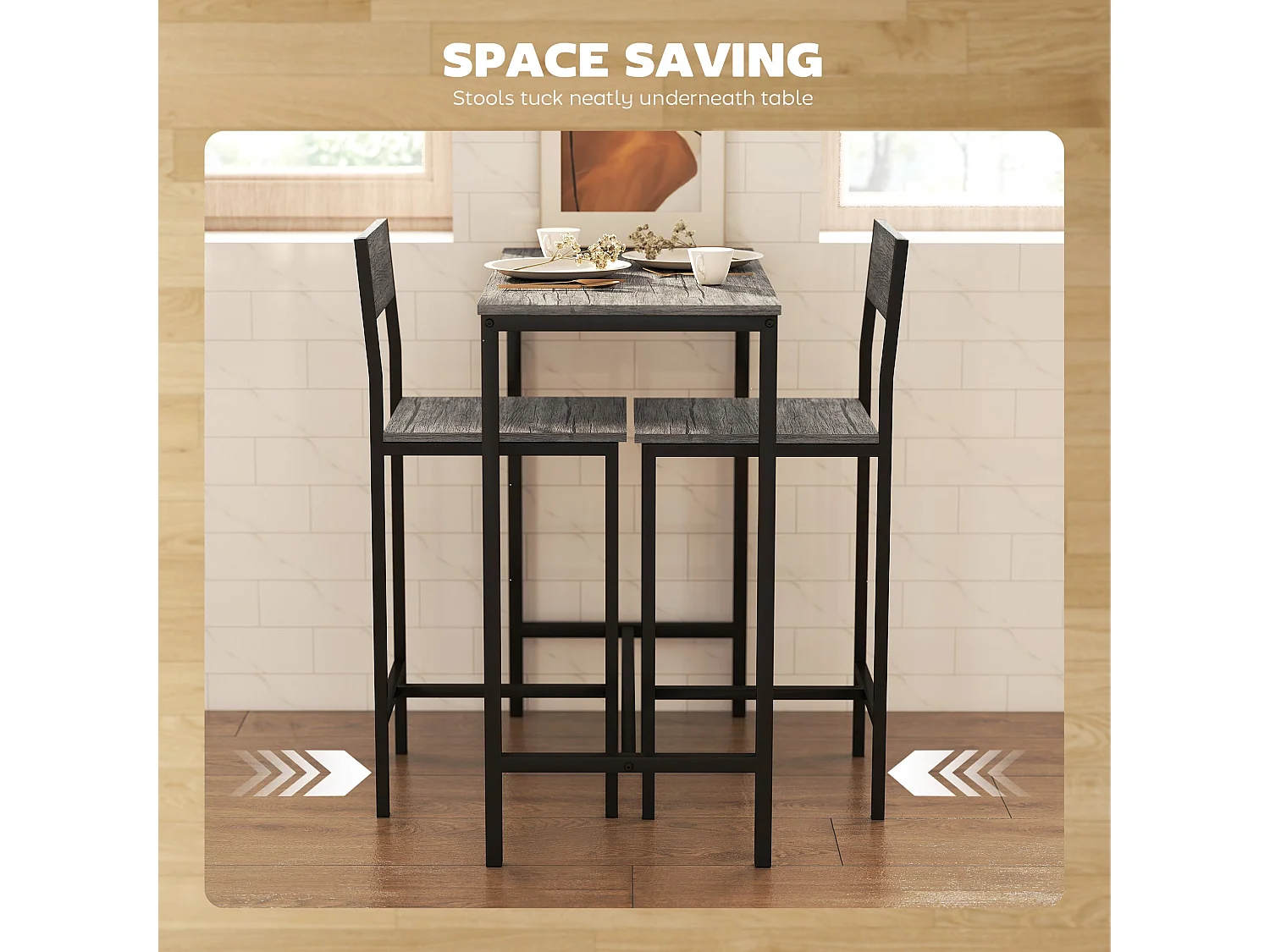 Novero 3 Piece Industrial Breakfast Bar Set Rectangular Table with 2 Stools and Footrests