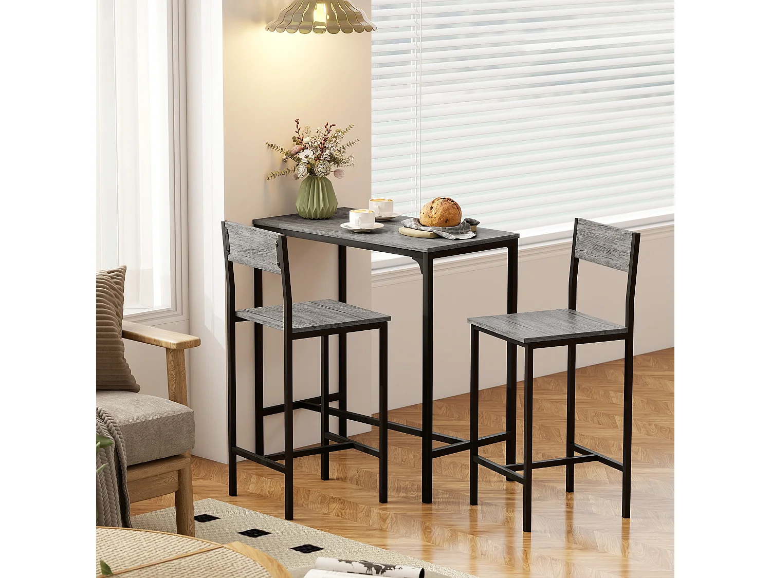 Novero 3 Piece Industrial Breakfast Bar Set Rectangular Table with 2 Stools and Footrests