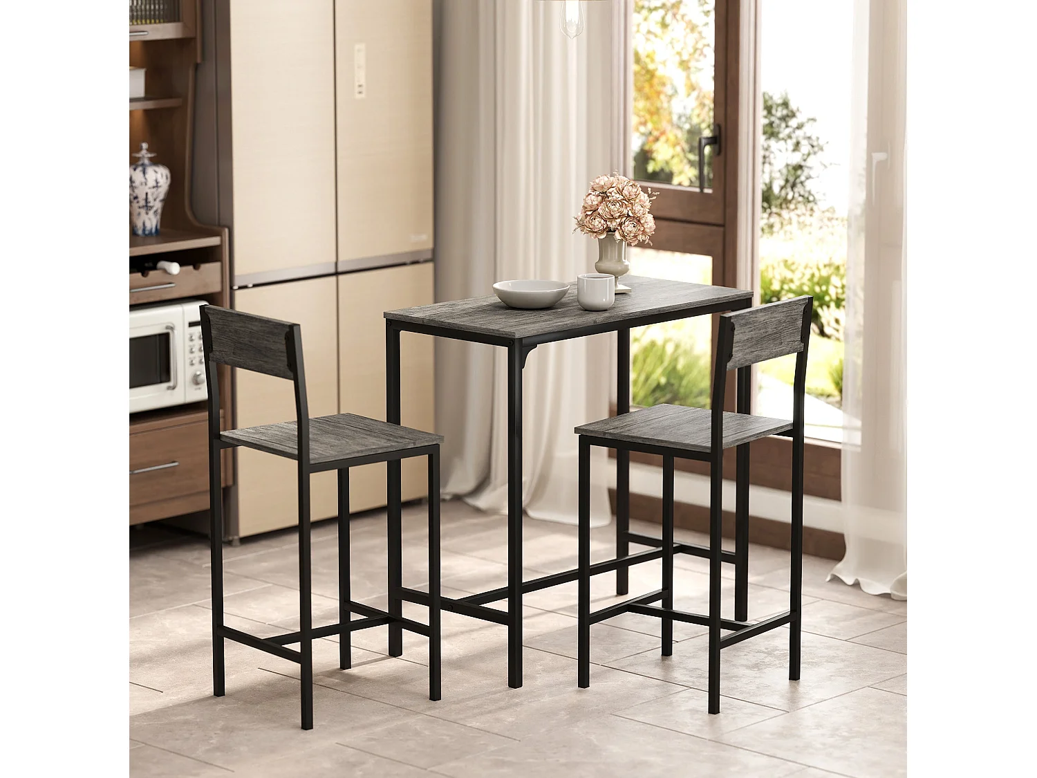 Novero 3 Piece Industrial Breakfast Bar Set Rectangular Table with 2 Stools and Footrests
