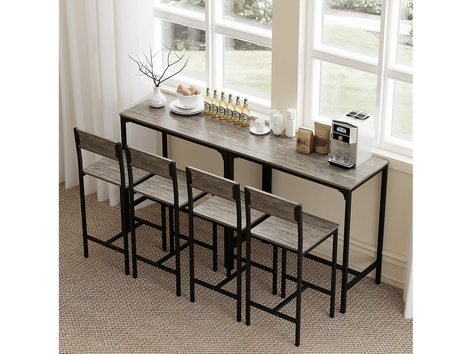 Novero 3 Piece Industrial Breakfast Bar Set Rectangular Table with 2 Stools and Footrests