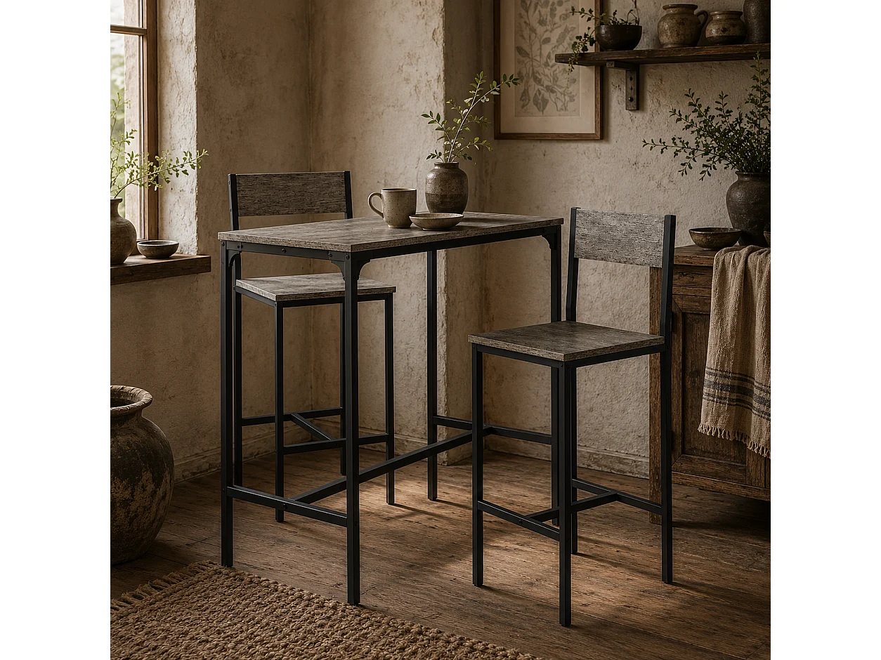 Novero 3 Piece Industrial Breakfast Bar Set Rectangular Table with 2 Stools and Footrests