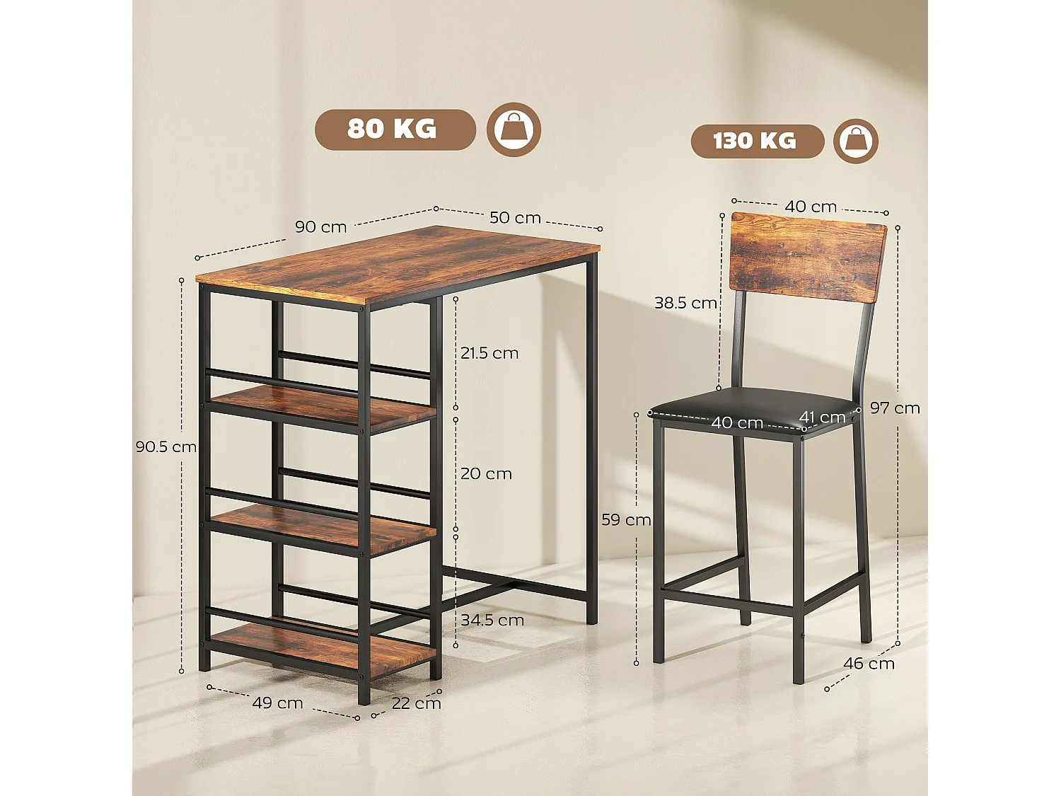 Vita Rustic Brown and Black 3 Piece Compact Bar Table Set