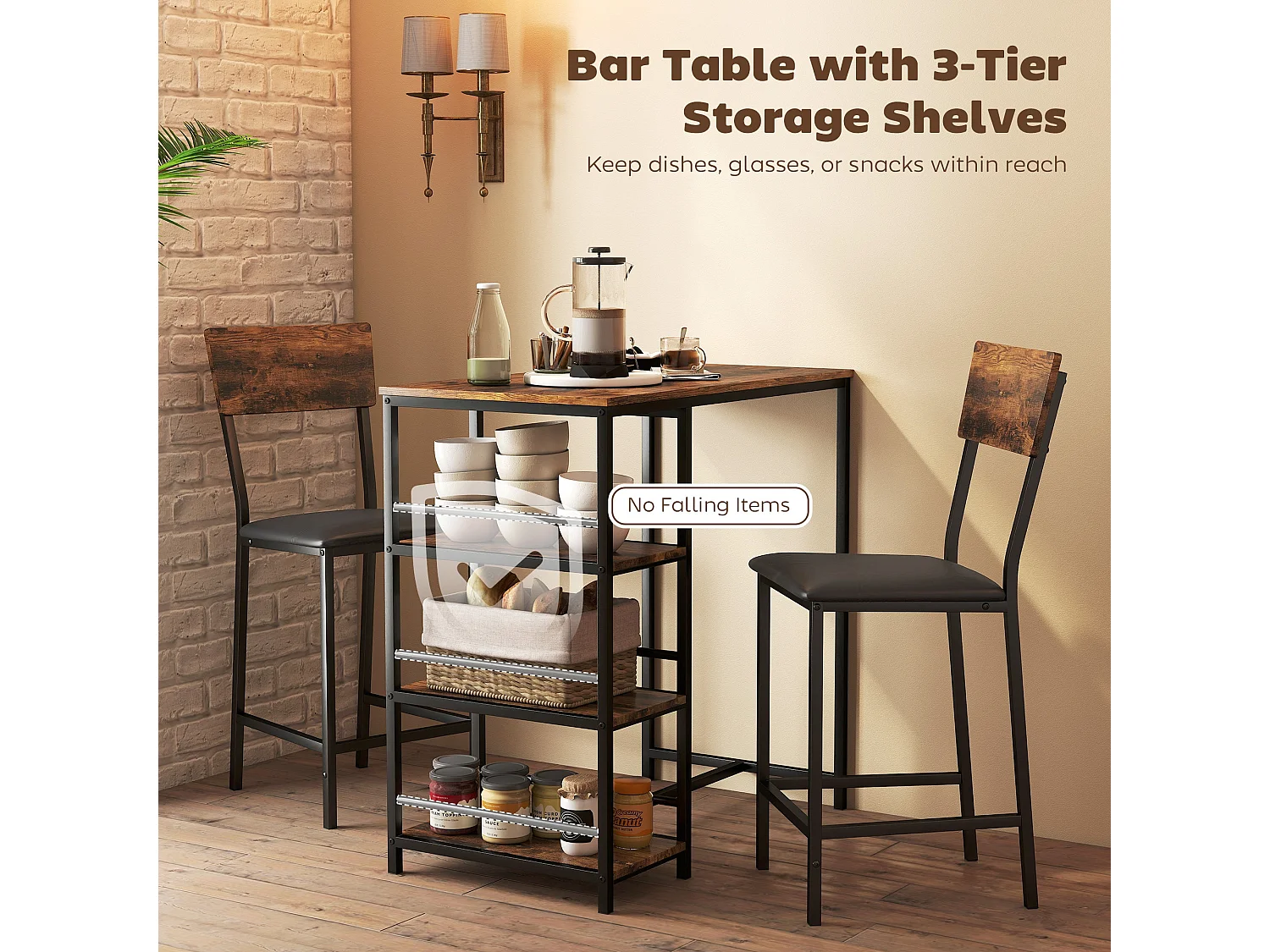 Vita Rustic Brown and Black 3 Piece Compact Bar Table Set