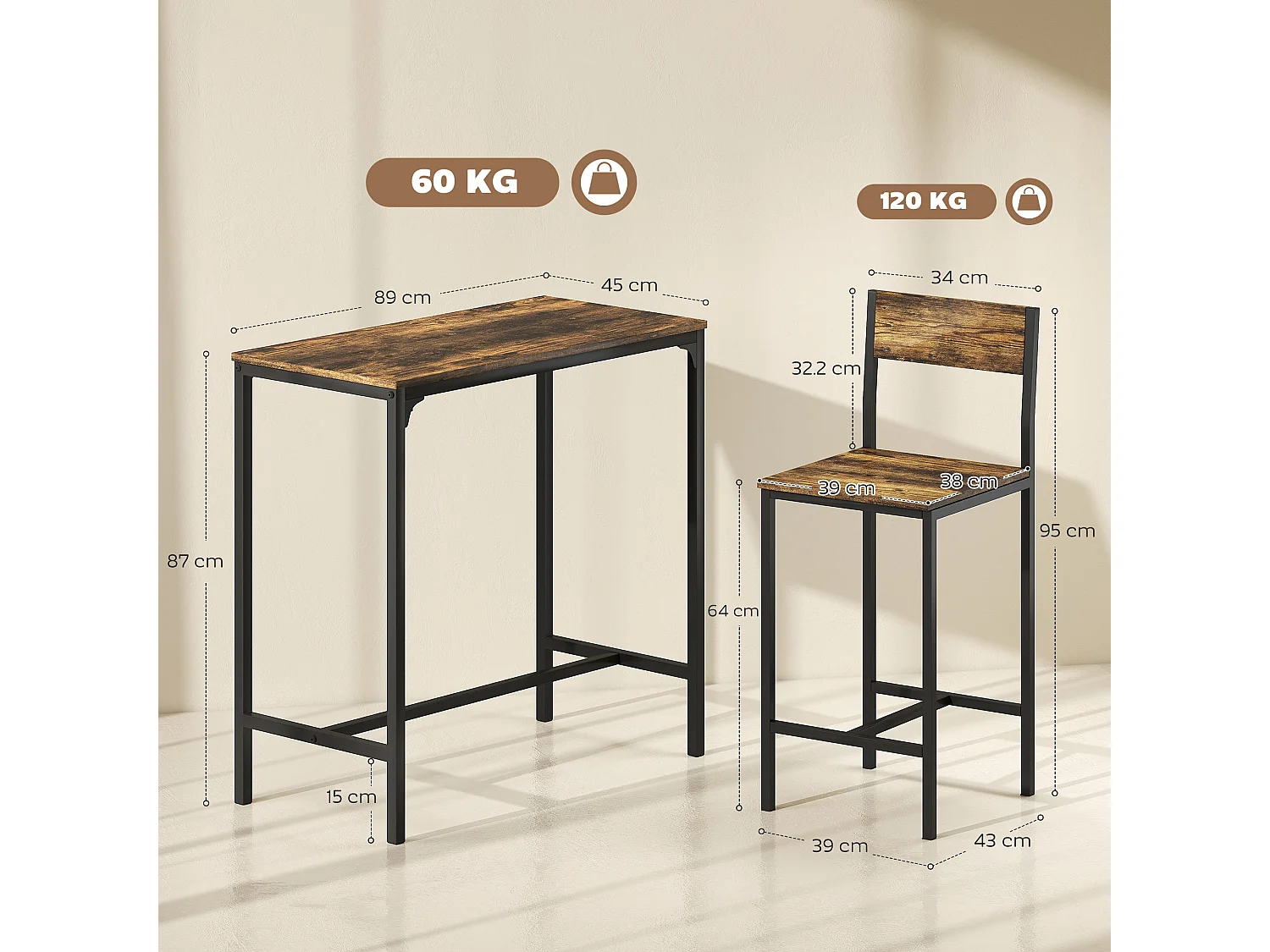 Torakeno 3 Piece Industrial Bar Table and 2 Stool Set for Compact Spaces