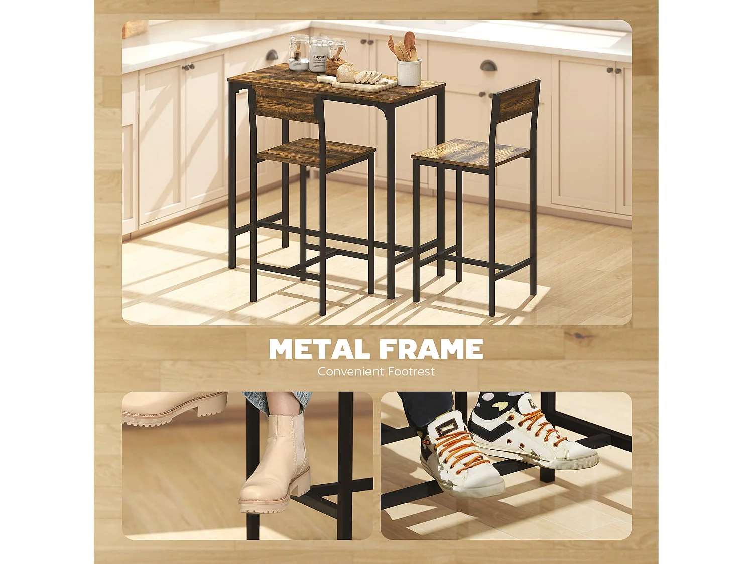 Torakeno 3 Piece Industrial Bar Table and 2 Stool Set for Compact Spaces