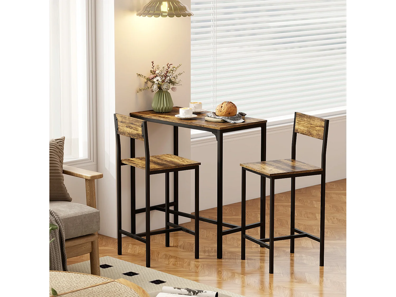 Torakeno 3 Piece Industrial Bar Table and 2 Stool Set for Compact Spaces