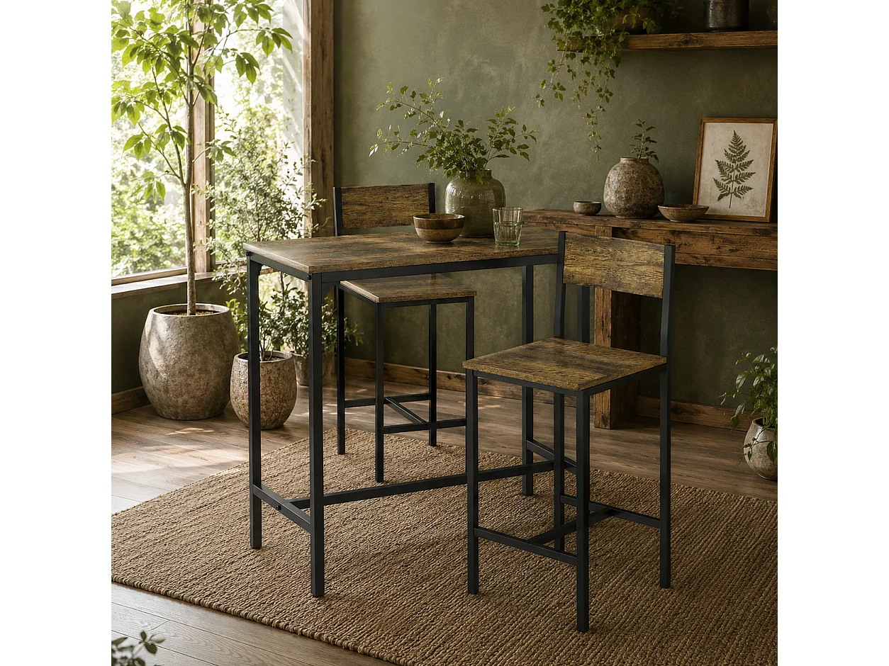 Torakeno 3 Piece Industrial Bar Table and 2 Stool Set for Compact Spaces