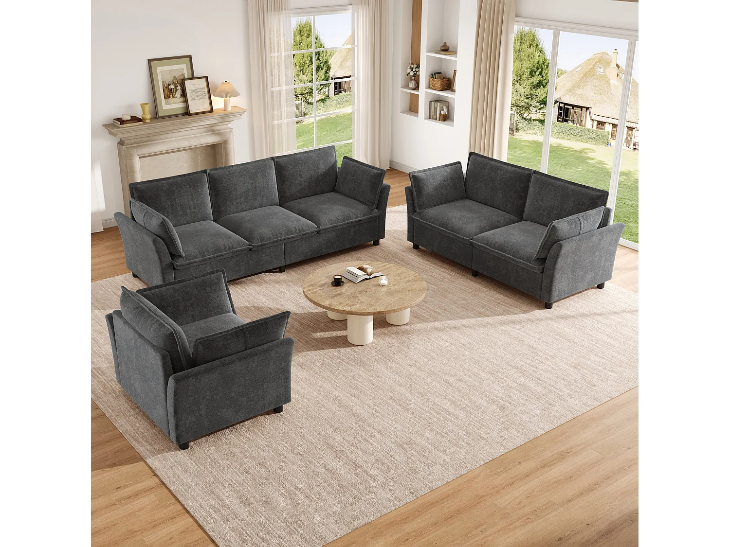 Ensemble Canapé 3+2+1 Modulaire "Effet Nuage" en Tissu Chenille, Canapé 3 Places, 2 Places et Fauteuil Ergonomique, Style Moderne - Gris