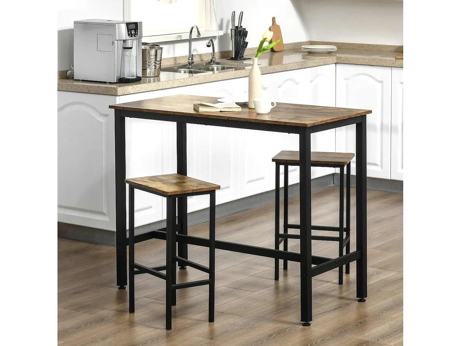Nofi 3 Piece Rustic Brown Metal and Wood Bar Dining Set with 2 Stools