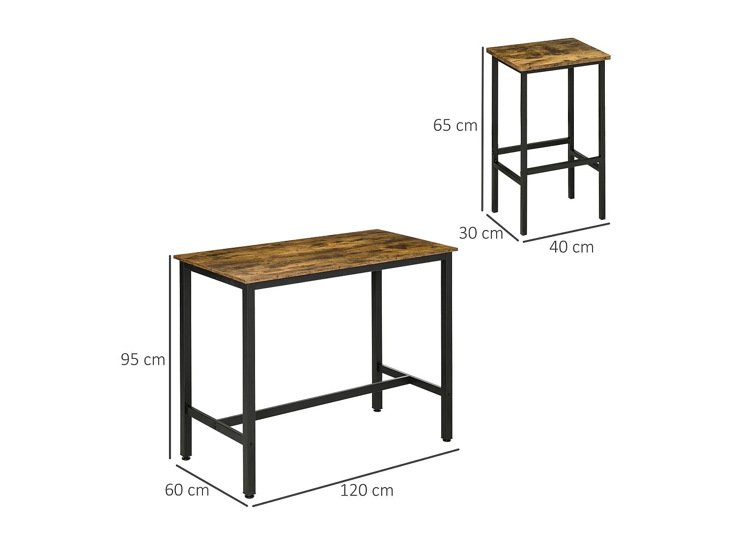 Nofi 3 Piece Rustic Brown Metal and Wood Bar Dining Set with 2 Stools