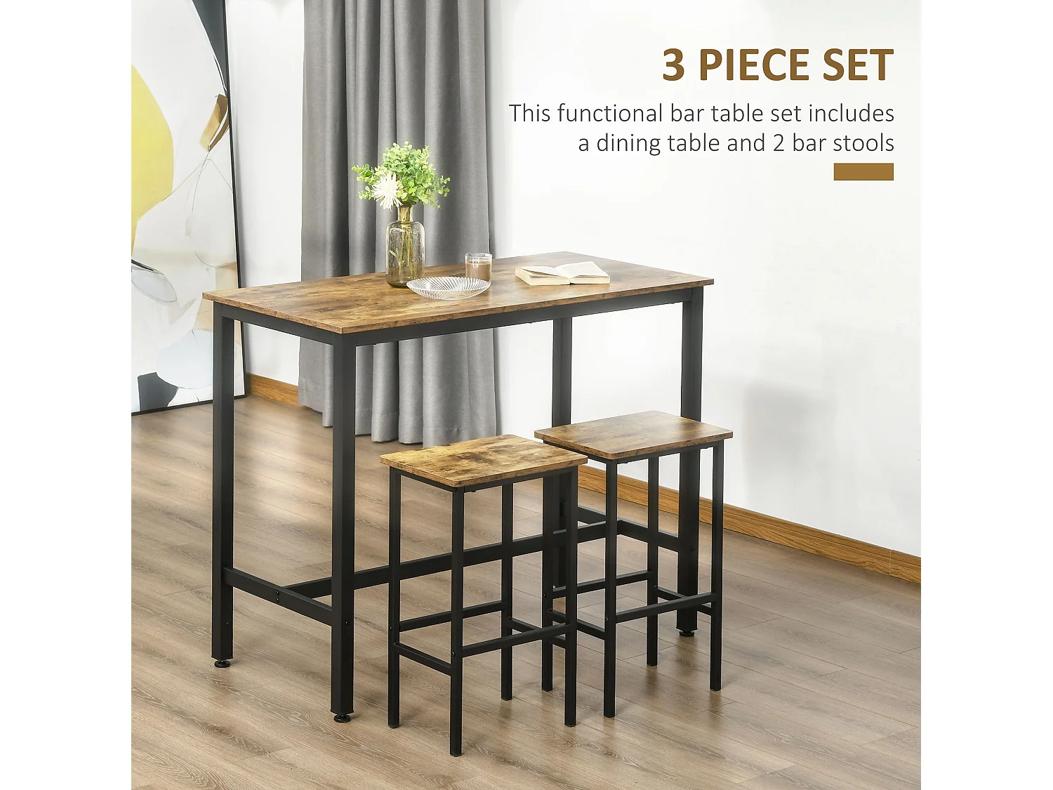 Nofi 3 Piece Rustic Brown Metal and Wood Bar Dining Set with 2 Stools