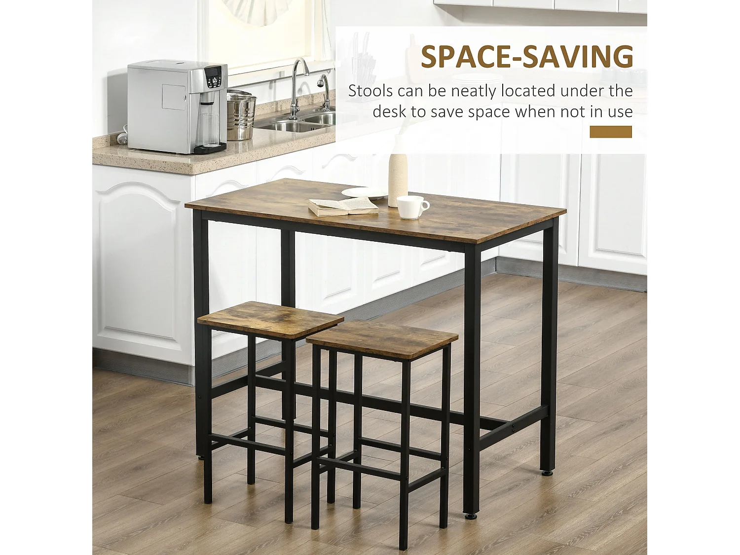 Nofi 3 Piece Rustic Brown Metal and Wood Bar Dining Set with 2 Stools