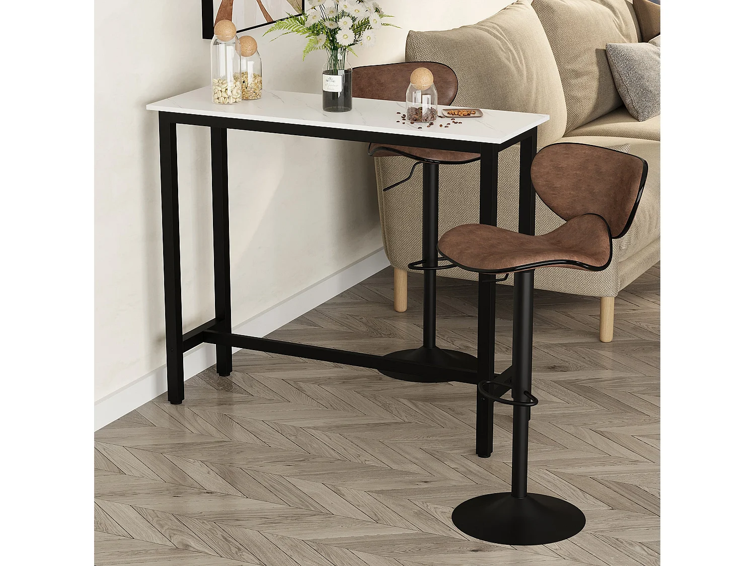Nanotti Industrial Bar Table 120x40cm White and Black Marble Grain Top
