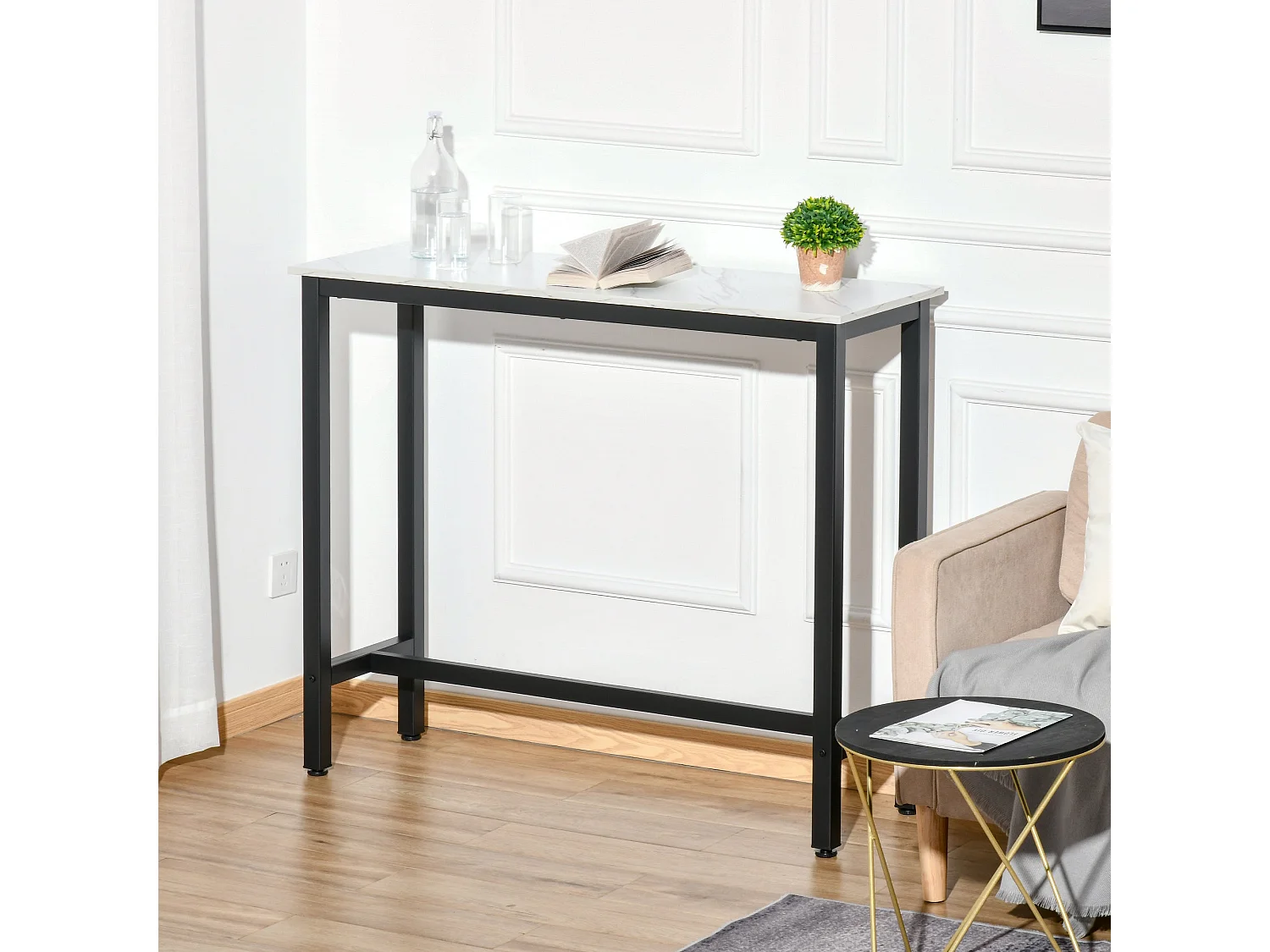 Nanotti Industrial Bar Table 120x40cm White and Black Marble Grain Top